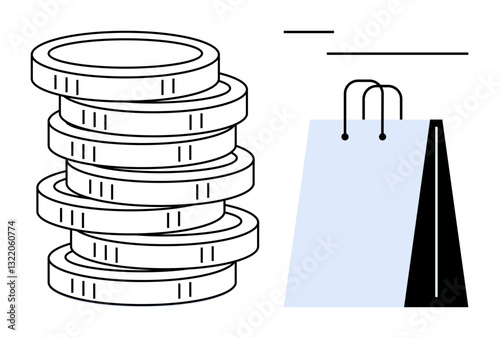 Stack of coins next to a shopping bag with minimalist lines. Ideal for finance, e-commerce, retail, budgeting, investment, shopping, trade. A clean flat simple metaphor