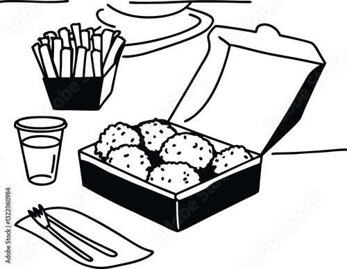 Monochrome Illustration of Fast Food Meal with Nuggets and Fries