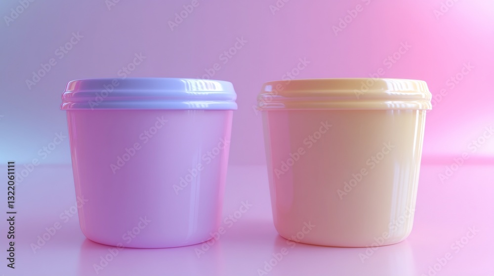 Pastel pink and yellow containers on pink background Pastel pink and yellow containers on pink background