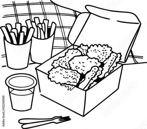 Monochrome Illustration of Fast Food Meal with Nuggets and Fries