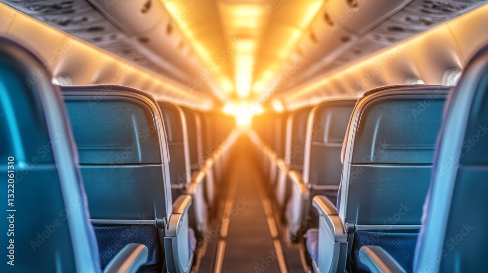 Fototapeta premium Sunlit Airplane Interior with Empty Seats and Warm Ambiance
