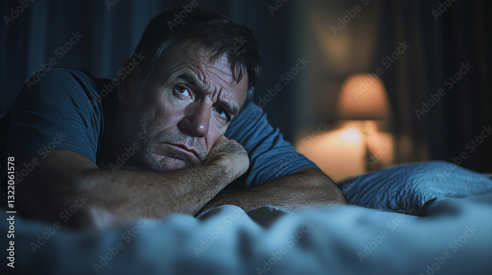 Man with insomnia. Sleep disorder, man lies in bed with his eyes open, male person cant sleep at night vector illustration. Man problem with sleep, insomnia and sleeplessness Man with insomnia. Sleep disorder, man lies in bed with his eyes open, male person cant sleep at night vector illustration. Man problem with sleep, insomnia and sleeplessness