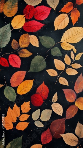 Beautiful Autumn Leaves Arranged on a Black Background Showcasing Vibrant Col...