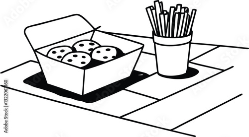 Monochrome Illustration of Fast Food Meal with Nuggets and Fries