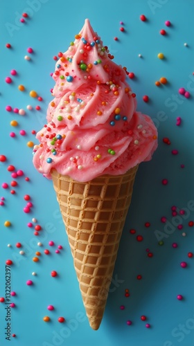 Pink Ice Cream Cone Topped With Colorful Sprinkles Against a Blue Background