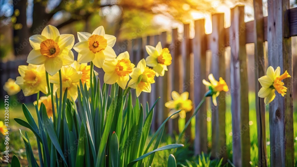 Obraz premium Spring Daffodils by Wooden Fence