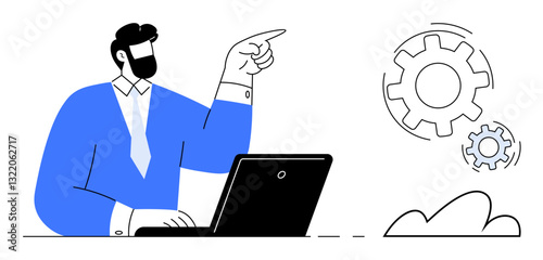 Man in blue suit with laptop pointing towards interconnected gears near cloud. Ideal for technology, innovation, business management, workflow, automation, cloud computing, teamwork. Flat simple