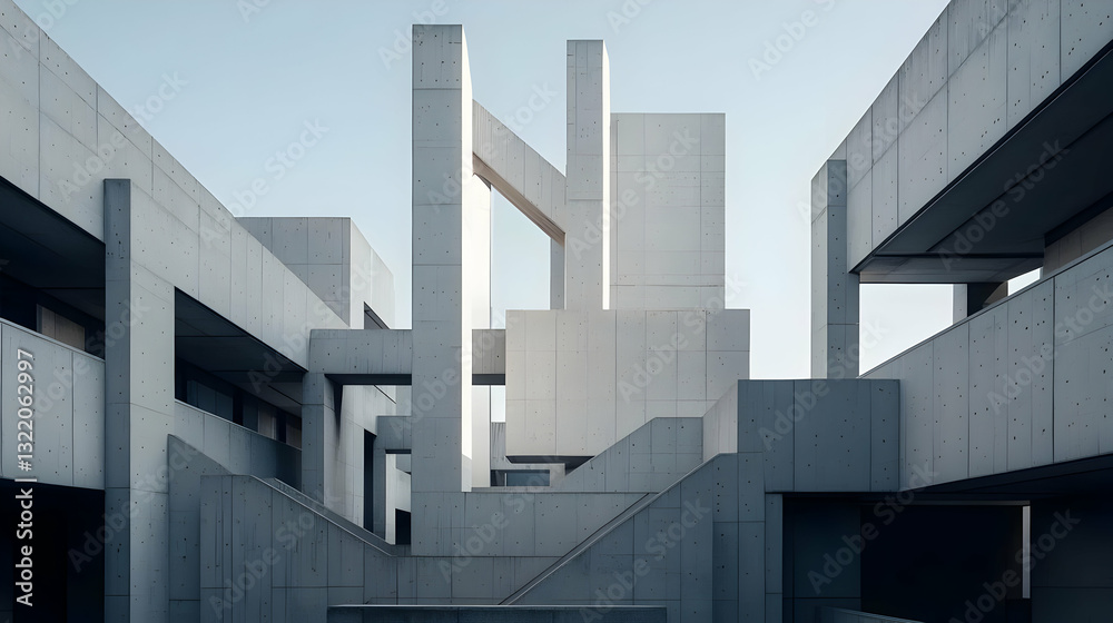 Naklejka premium Intricate Brutalist Architecture Concrete Facade With Geometric Shapes and Light Play in Gray Tones