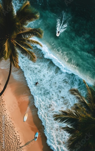 Vibrant Beach View With Turquoise Waters and Palm Trees During a Sunny Day in...