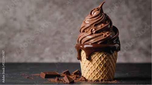 Rich chocolate soft serve in a waffle cone with dripping chocolate sauce.