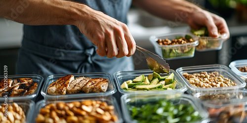 Person preparing healthy meals and meal prepping in a kitchen, Organizing nutritious food in containers for meal prep
