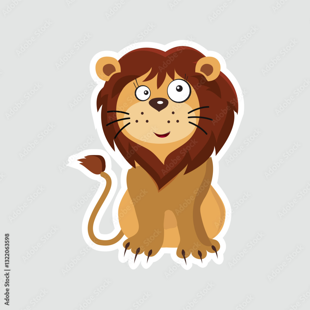 Obraz premium Cute Cartoon Lion Vector Sticker. Playful cartoon lion sticker with a friendly expression. Perfect for kids’ decor, educational materials, and wildlife-themed designs