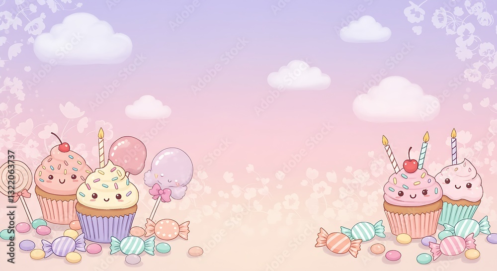 A kawaii-style birthday background with cute smiling cupcakes, candies, and soft pastel colors. A kawaii-style birthday background with cute smiling cupcakes, candies, and soft pastel colors.