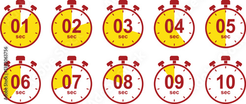 Stopwatch and Timer icon set. 10 second countdown timer collection. Cooking time vector. Countdown timer symbol isolated on transparent background. Deadline related icons. Vector illustration.