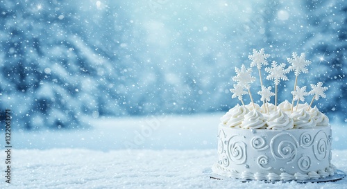 A winter wonderland birthday background with snowflakes, icy blue tones, and a frosty birthday cake