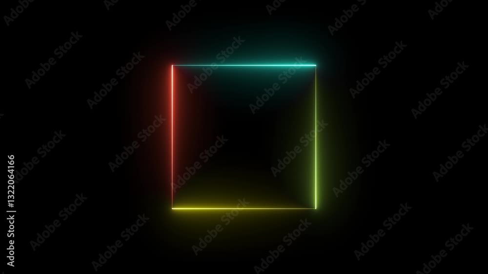 Glowing neon square with multicolor edges on a black background, creating a futuristic and abstract digital design. Glowing neon square with multicolor edges on a black background, creating a futuristic and abstract digital design.