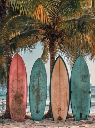 Colorful Surfboards Lined Along a Sandy Beach With Palm Trees Under a Bright Sky