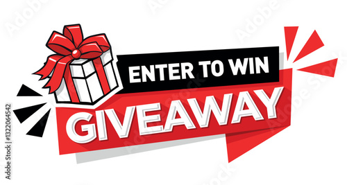 Enter to Win banner with gift box on ribbon. Modern vector on transparent background