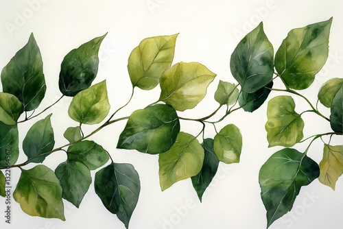 Detailed Botanical Illustration Showcasing Lush Green Leaves on a White Backg...