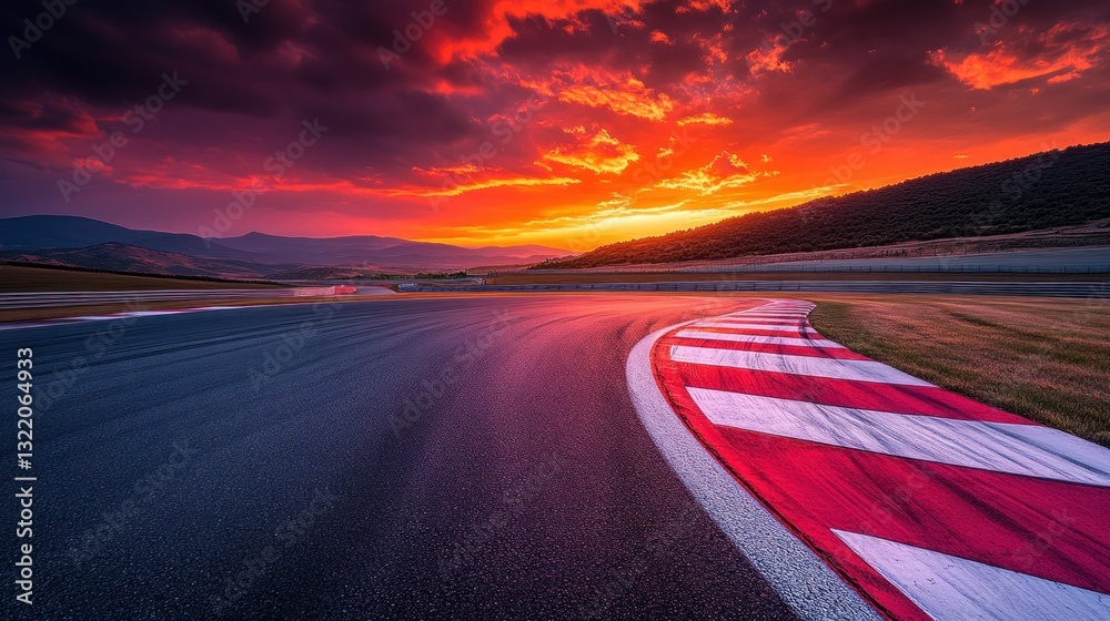 Naklejka premium Racetrack curve under fiery sunset