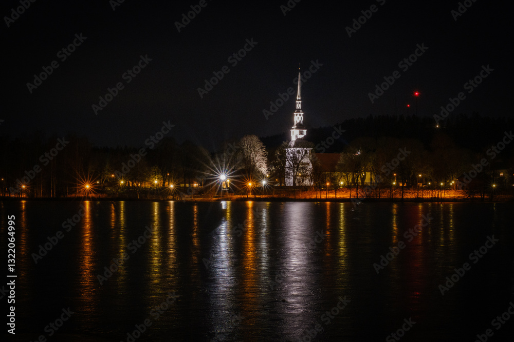Ingatorp church at night in Sweden