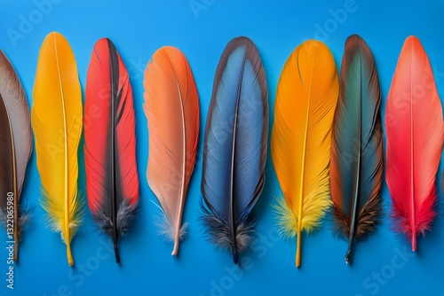 Colorful Feathers Arranged in a Row on a Bright Blue Background