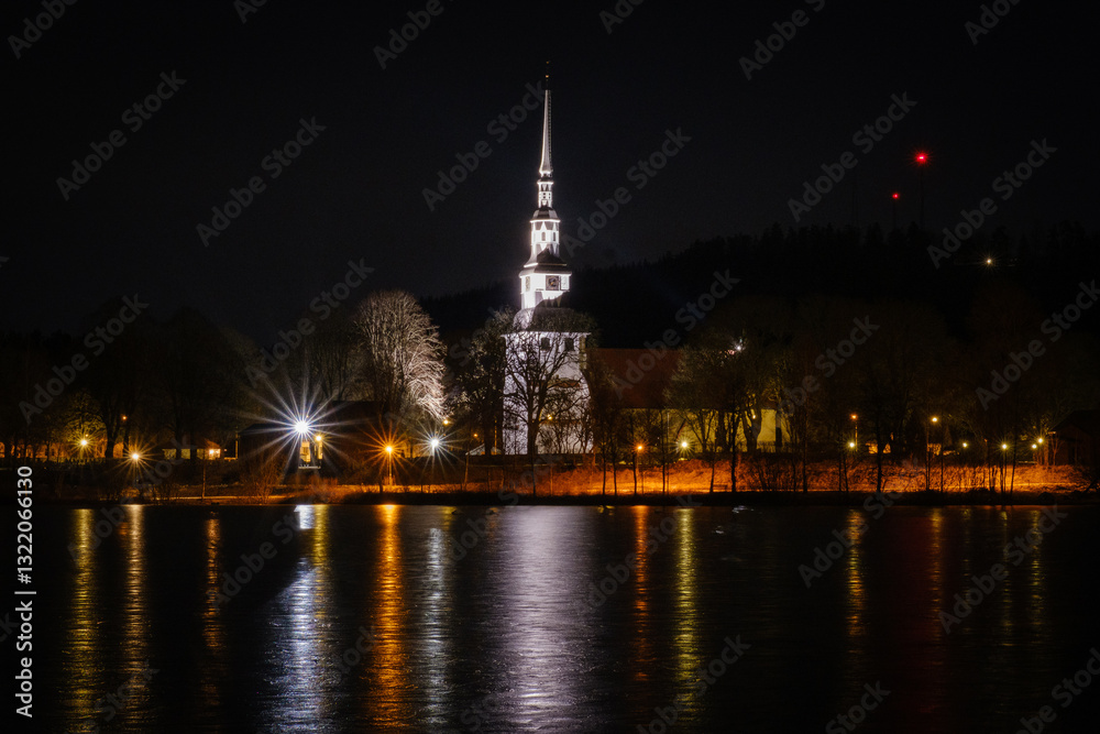 Ingatorp church at night in Sweden