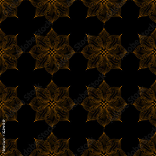 Seamless pattern, lines and shapes, black, gold, brown tones, suitable for use in wallpaper, tiles, fabric patterns, backgrounds.
