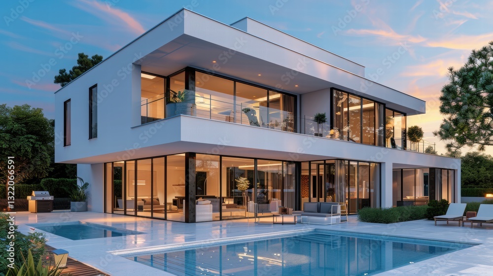 Modern house design with pool at sunset in serene environment Modern house design with pool at sunset in serene environment