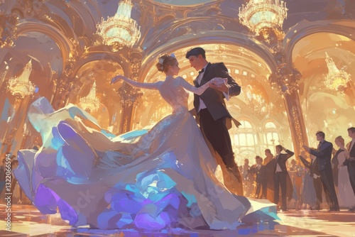 A dancing couple is waltzing gracefully in a grand ballroom