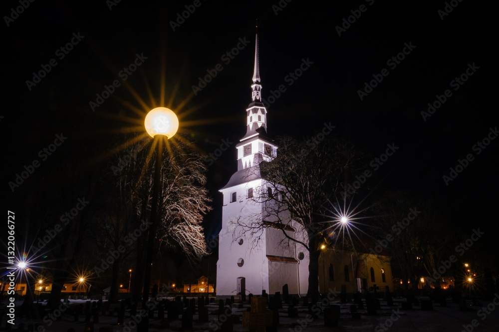Ingatorp church at night in Sweden
