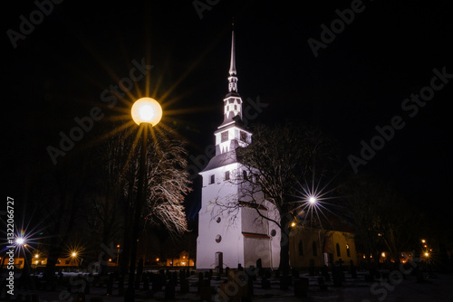 Ingatorp church at night in Sweden