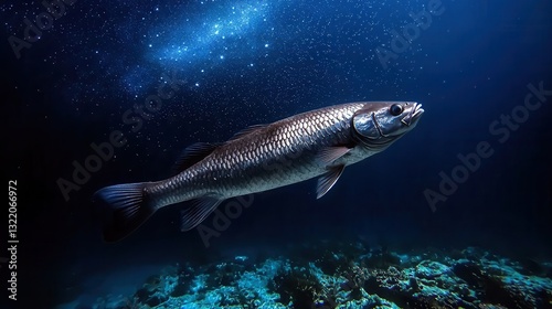 A majestic silver fish gracefully swims in deep blue ocean waters, illuminated by light.