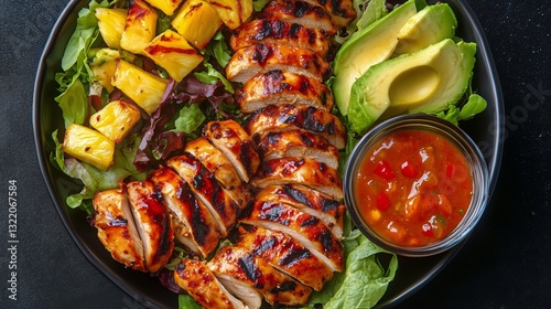 Grilled Chicken With Pineapple and Avocado on a Fresh Salad Served With Sauce