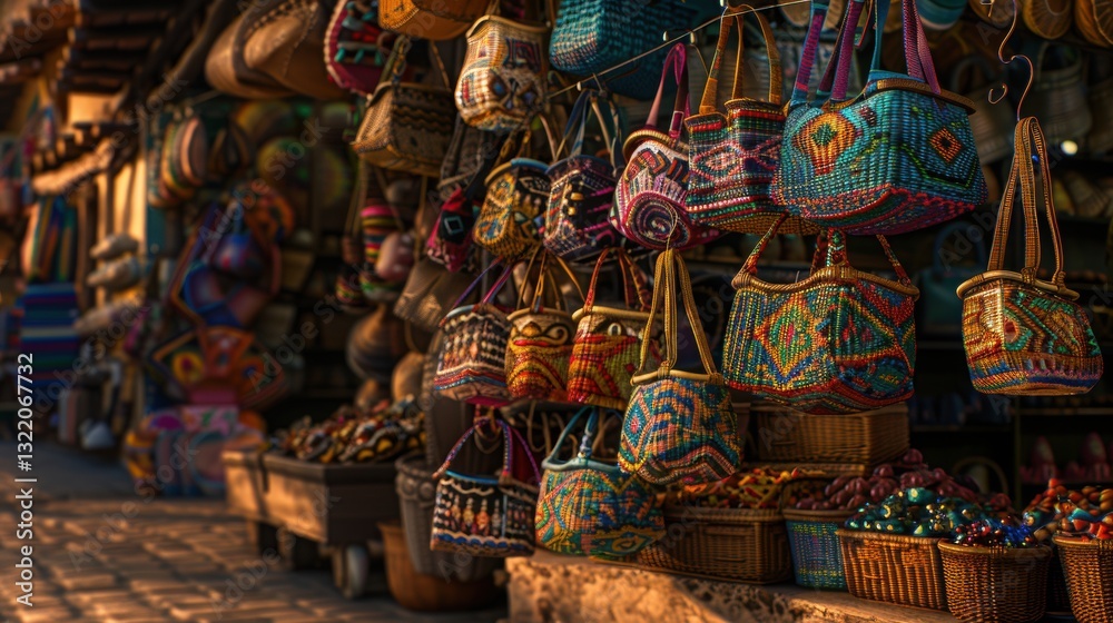 Fototapeta premium Colorful Handwoven Baskets Displayed in a Traditional Market Scene