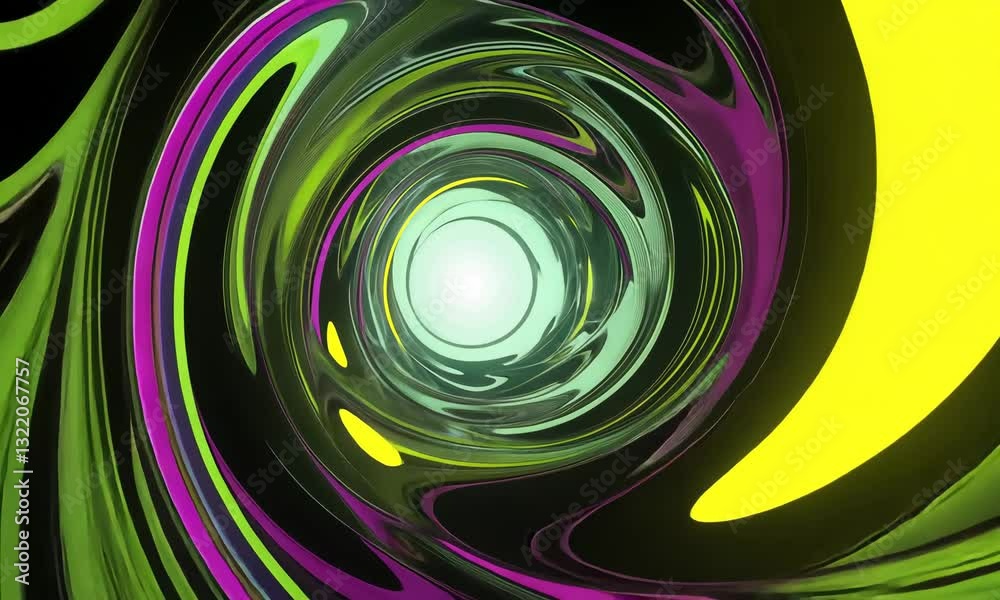 Abstract Tunnel Moving with Green and Pink Swirls in Dark Backdrop
