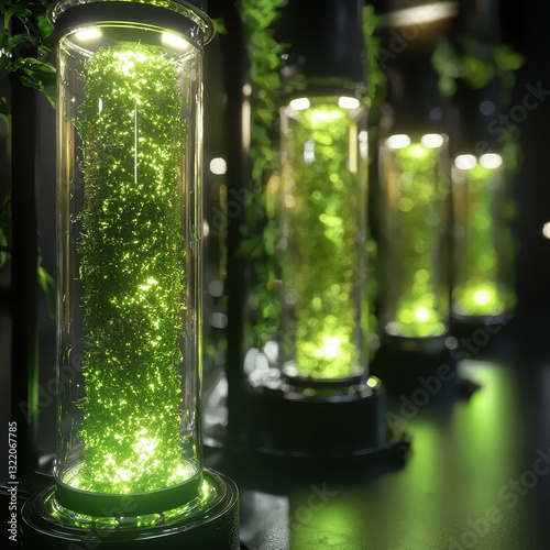 Glowing Bioreactor with Bright Green Algae in a Modern Laboratory