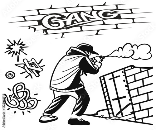 Street culture lettering, graffiti, tags with spray effect. Black and white graffiti, urban calligraphy, gang tags, symbols, signs with spray effect