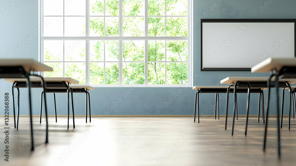 Fototapeta premium Modern Empty Classroom Interior With Desks Chairs Large Window And Natural Light