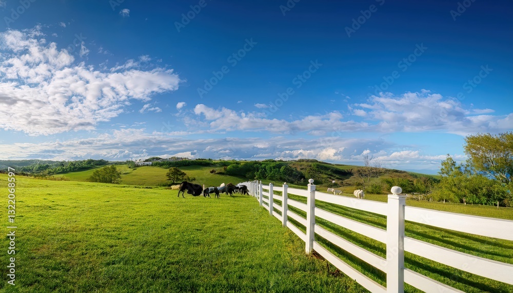 Meadow Blossoms Beneath a Vast Blue Sky with Puffs of White Clouds, Capturing the Serene Peace of Nature at Dusk Meadow Blossoms Beneath a Vast Blue Sky with Puffs of White Clouds, Capturing the Serene Peace of Nature at Dusk