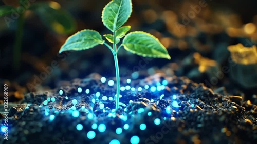 Growth and Innovation: A tiny plant pushes through the soil, bathed in an ethereal blue light, representing the dawn of new beginnings, innovation, and potential in a dynamic world.