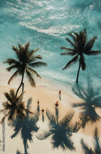 Sunny Beach Day With Palm Trees and People Enjoying the Shoreline