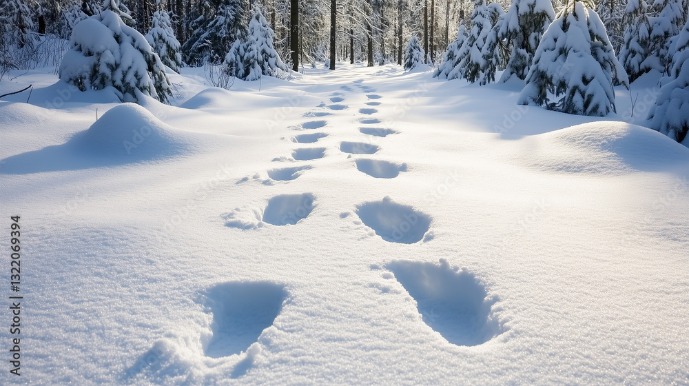 Footsteps in deep snow leading into winter forest Footsteps in deep snow leading into winter forest
