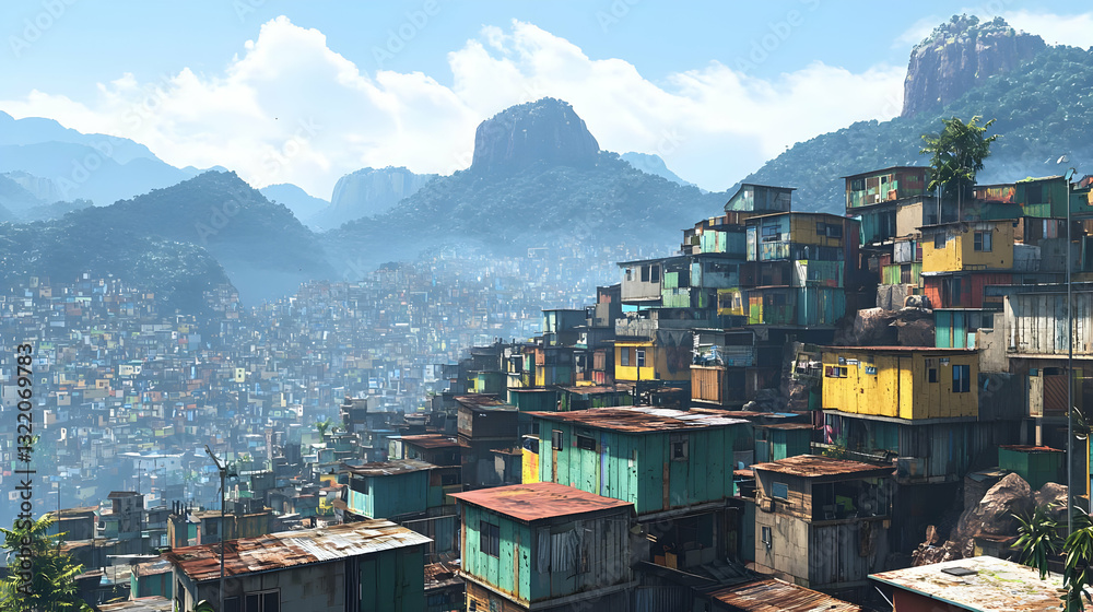Fototapeta premium Panoramic View of a Densely Populated Favela on a Hillside with Colorful Houses and Haze in the Background