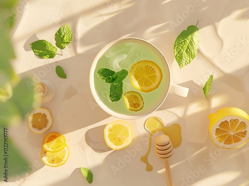 A top-down view of a steaming cup of green tea in a white ceramic cup, placed on a soft pastel background. The tea is surrounded by fresh mint leaves, sliced lemons, and a wooden honey dipper dripping