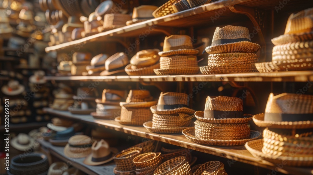 Collection of Stylish Straw Hats Displayed in a Market Setting Collection of Stylish Straw Hats Displayed in a Market Setting