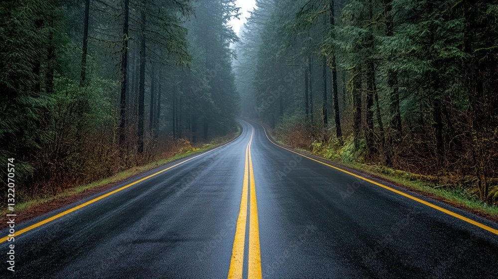 Fototapeta premium Road through foggy forest. Wet asphalt reflects trees under misty sky