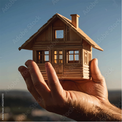 Hand holding a miniature wooden house in sunlight.