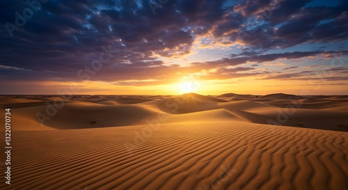 Majestic Desert Landscape with Golden Sunset and Dramatic Cloudscape Over Rolling Sand Dunes