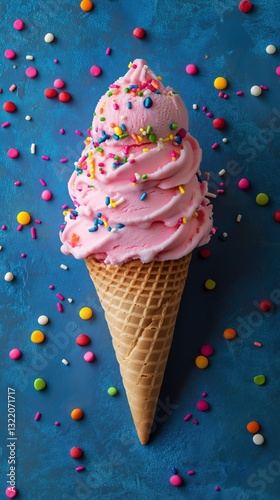 Pink Ice Cream Cone Topped With Colorful Sprinkles Against a Blue Background
